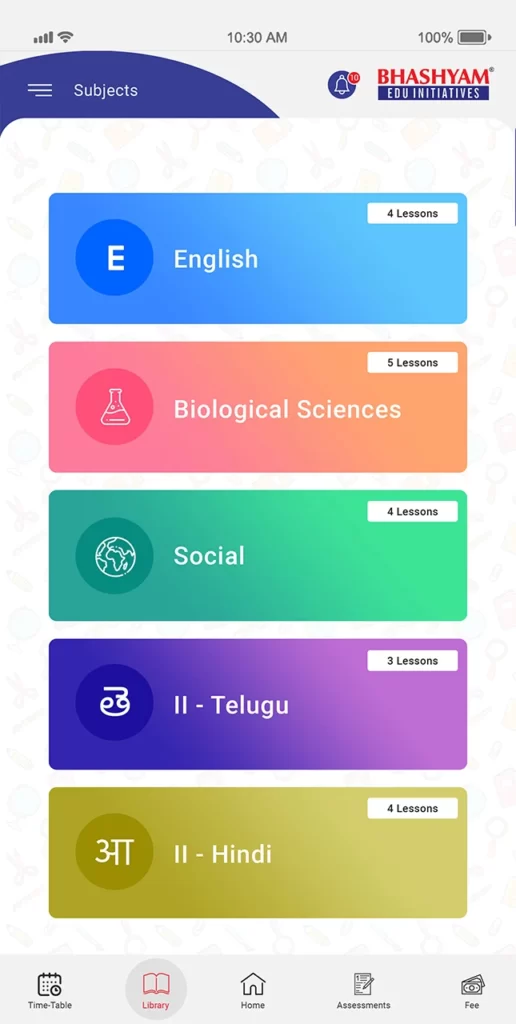 Bhashyam School App Lessons Dashboard